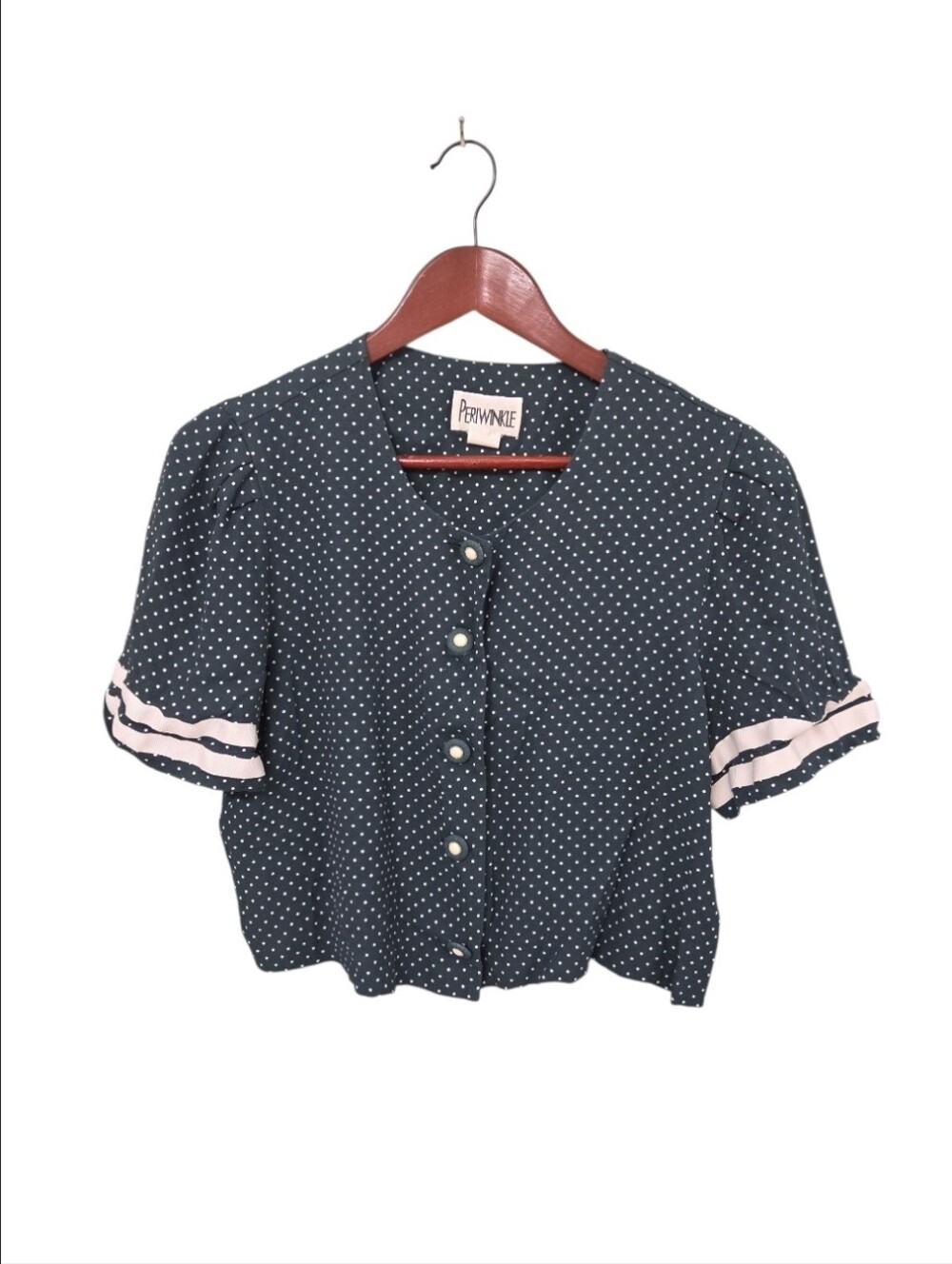 Vintage Periwinkle Polka Dot Pearl Button Crop Top Womens Size 14 Button Down